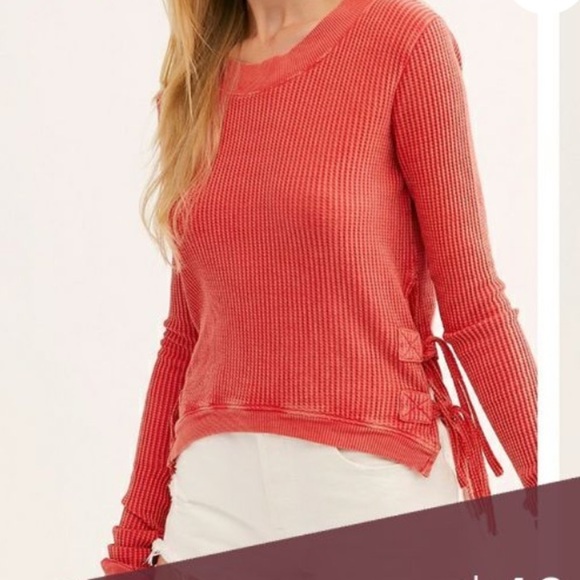 FREE PEOPLE INTERLAKEN RED WAFFLE BOHO LONG SLEEVE TOP - Size Small - Picture 3 of 11